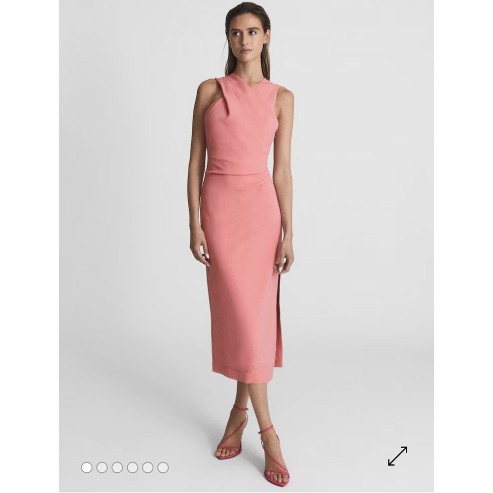 NEW $480 REISS Imogen Sleeveless Ruched Midi Dress in Pink Fitted Side Slit US 4